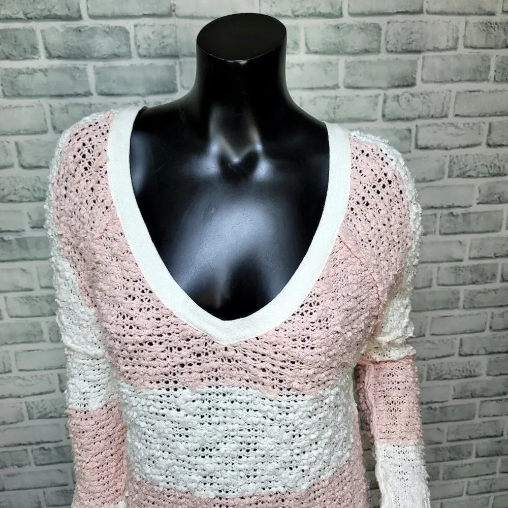 Free People Womens XS Oversized SongBird Pink Striped‎ Chunky Open Knit Sweater